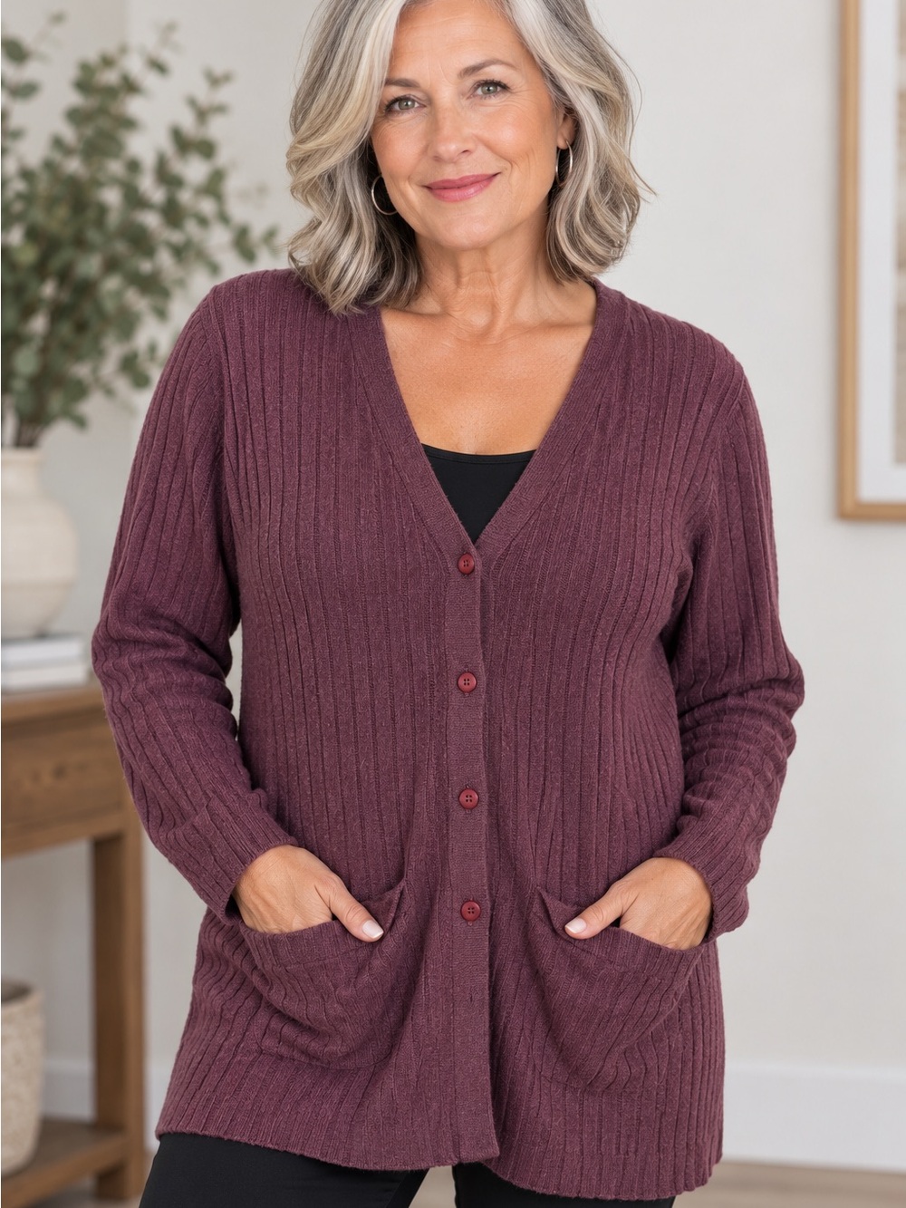 Ribbed V-Neck Button Cardigan Sweater - Plum